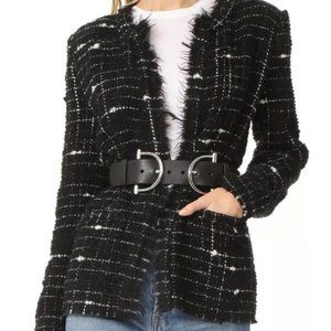 IRO Espo Tweed Boucle Open Jacket Blazer Black White Frayed Women's Size 36